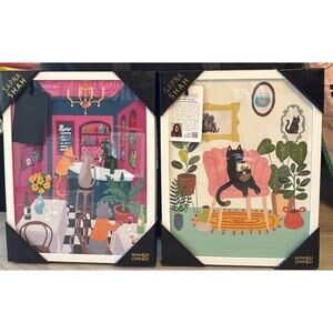 New Sapna Shah Set Of 2 Framed Art Cats Bar Lounge Cat On Couch Rare 11” x 14”